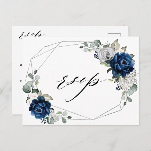 Navy Silver White Champagne Ivory Geometric RSVP Briefkaart (Voorkant / Achterkant)