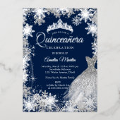 Navy Silver Winter Sneeuwvlok Quinceanera Folie in Folie Uitnodiging (Voorkant)