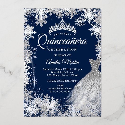 Navy Silver Winter Sneeuwvlok Quinceanera Folie in Folie Uitnodiging (Voorkant)