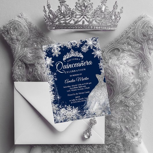 Navy Silver Winter Sneeuwvlok Quinceanera Folie in Folie Uitnodiging