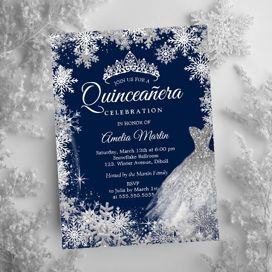Navy Silver Winter Sneeuwvlok Quinceanera Folie in Folie Uitnodiging