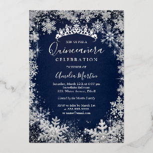 Navy Silver Winter Snowflake Quinceanera Folie Uitnodiging