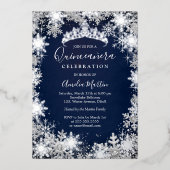 Navy Silver Winter Snowflake Quinceanera Folie Uitnodiging (Voorkant)