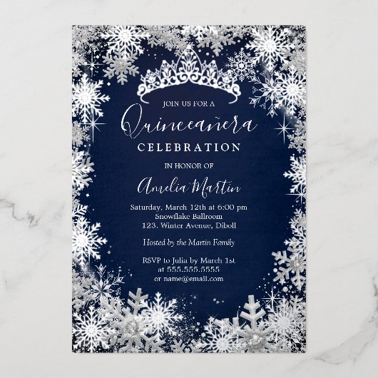 Navy Silver Winter Snowflake Quinceanera Folie Uitnodiging (Voorkant)