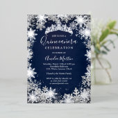 Navy Silver Winter Snowflake Quinceanera Folie Uitnodiging (Staand Voorkant)