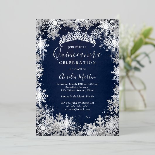 Navy Silver Winter Snowflake Quinceanera Folie Uitnodiging (Staand Voorkant)