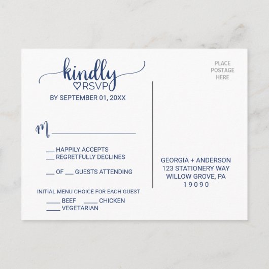 Navy Simple Calligraphy Menu Choice RSVP Briefkaar (Achterkant)