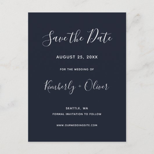 Navy Simple Calligraphy Modern Wedding Aankondigingskaart (Voorkant)