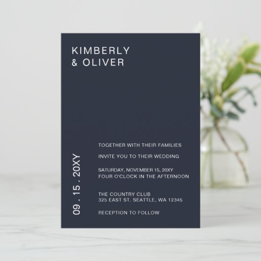 Navy Simple Elegant Modern Wedding Invitation Kaart (Staand voorkant)