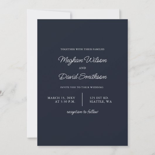 Navy Simple Elegant Modern Wedding Invitation Kaart (Voorkant)