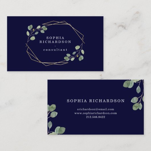 Navy Simple Eucalyptus Greenery | Goudgeometrisch Visitekaartje (Voorkant / Achterkant)