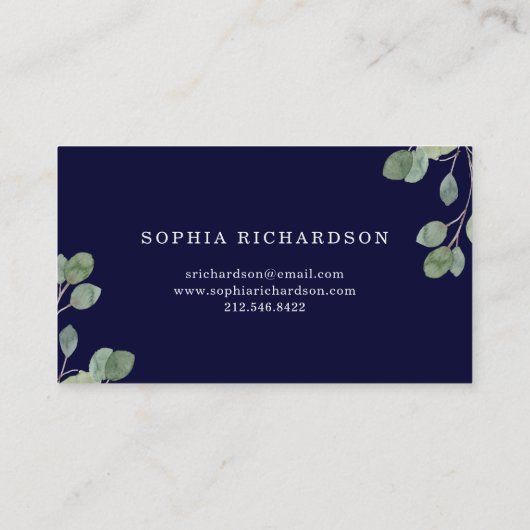 Navy Simple Eucalyptus Greenery | Goudgeometrisch Visitekaartje (Achterkant)