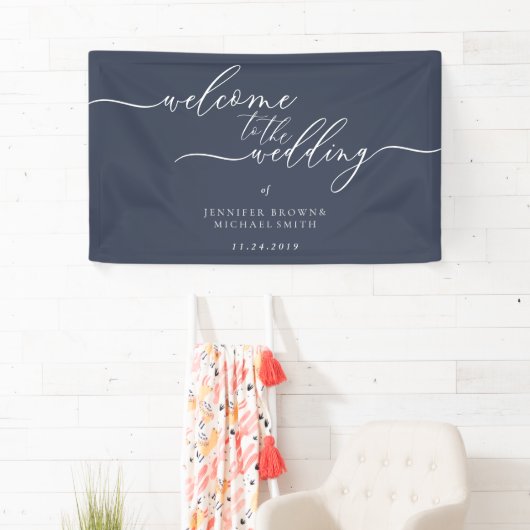 Navy Simple Romantic Calligraphy Welcome Wedding Spandoek (Insitu)