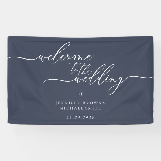 Navy Simple Romantic Calligraphy Welcome Wedding Spandoek (Horizontaal)