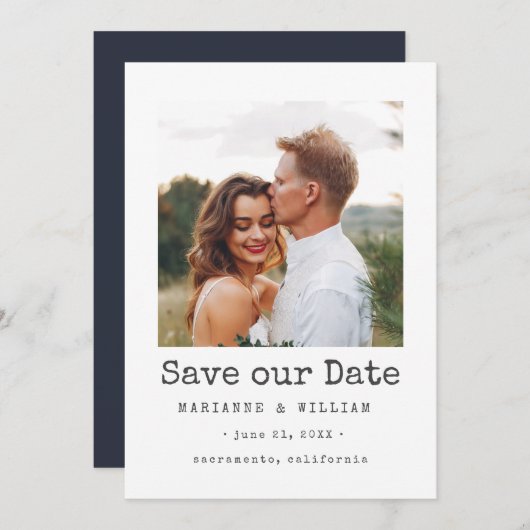 Navy Simple SQUARE Photo bruiloft, behalve datum Save The Date (Voorkant / Achterkant)