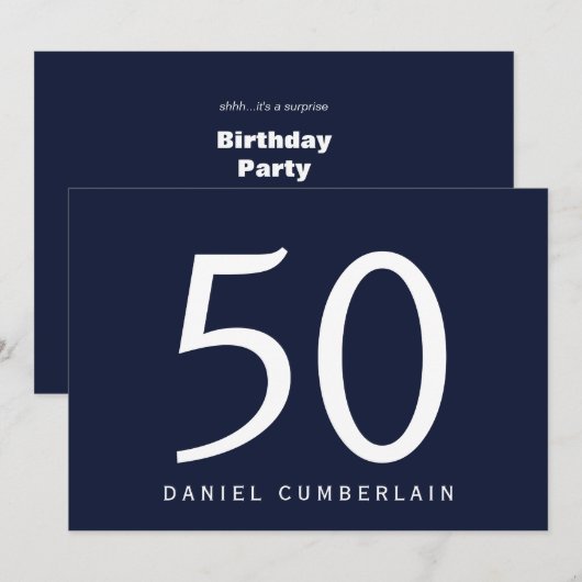 Navy Simple Surprise 50ste Verjaardagsfeest Kaart (Voorkant / Achterkant)