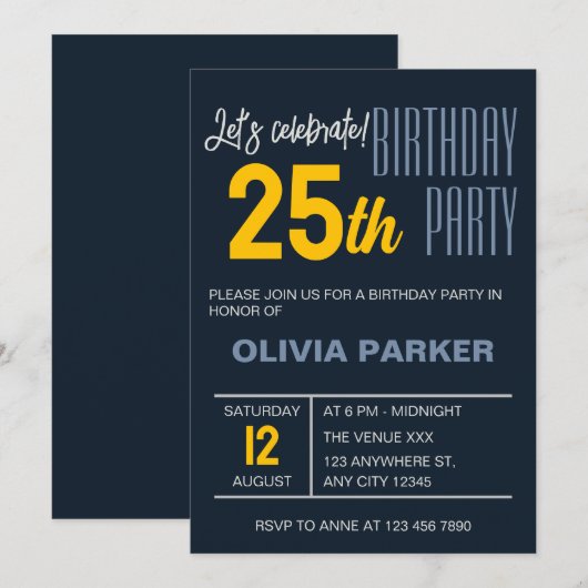 Navy Simple Trendy Verjaardag Uitnodiging (Voorkant / Achterkant)