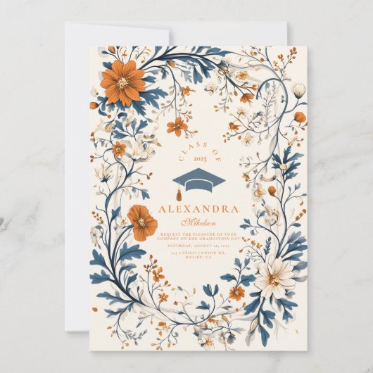  Navy Sinaasappel Floral Afstuderen Kaart (Voorkant)