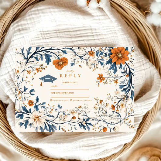 Navy Sinaasappel Floral Afstuderen RSVP Kaartje