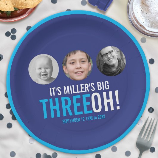 Navy sky blue 30th Three OH! Fotoverjaardag Papieren Bordje