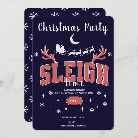 Navy Sleigh Time Christmas Part Uitnodiging (Voorkant / Achterkant)