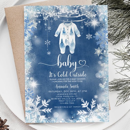 Navy Sneeuw Zijn Koude Buiten Winter Baby shower Kaart