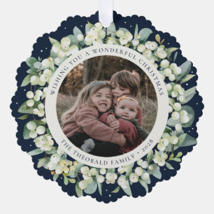 Navy Sneeuwbes+Eucalyptus Kerstkrans Foto Ornament Kaart