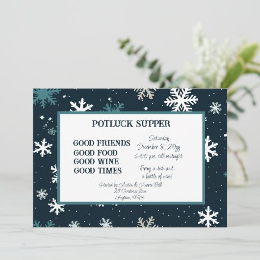 Navy Sneeuwvlok Kerstpot GELUK Avondmaal Kaart (Staand voorkant)