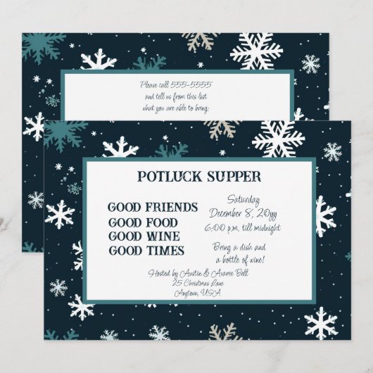 Navy Sneeuwvlok Kerstpot GELUK Avondmaal Kaart (Voorkant / Achterkant)