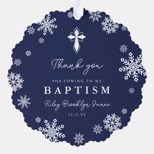 Navy sneeuwvlokken foto winter doop dank u ornament kaart (Achterkant)