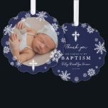 Navy sneeuwvlokken foto winter doop dank u ornament kaart<br><div class="desc">Mooie winterdoop dank u ornamenten in marineblauw met sneeuwvlokken,  een wit kruis,  en een foto van uw baby.</div>