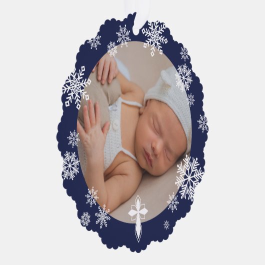 Navy sneeuwvlokken foto winter doop dank u ornament kaart (Rechts)