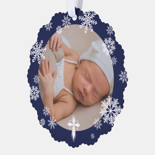 Navy sneeuwvlokken foto winter doop dank u ornament kaart (Links)