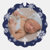 Navy sneeuwvlokken foto winter doop dank u ornament kaart (Voorkant)