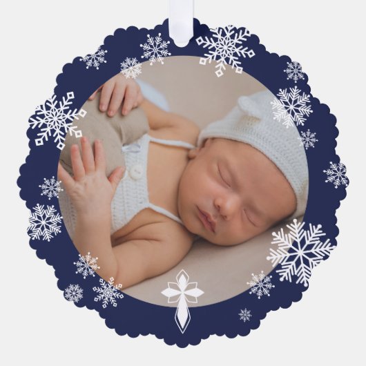 Navy sneeuwvlokken foto winter doop dank u ornament kaart (Voorkant)