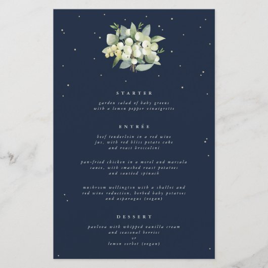 Navy Snowberry + Eucalyptus 3 gangen bruiloft Menu (Voorkant)