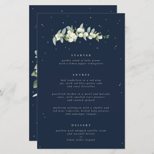 Navy Snowberry + Eucalyptus 3 gangen bruiloft Menu (Voorkant / Achterkant)