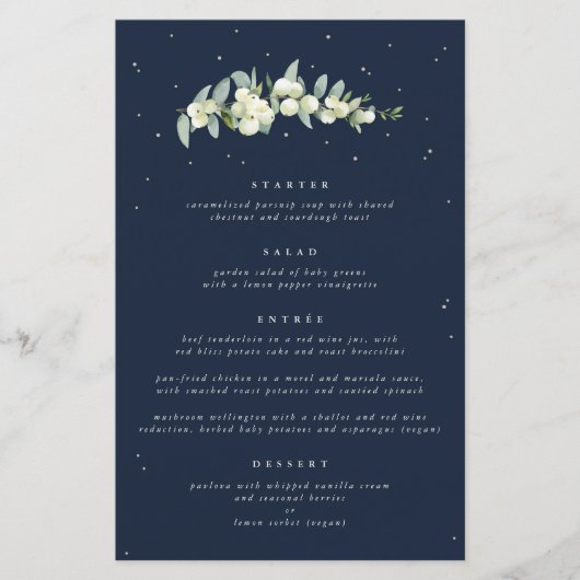 Navy Snowberry + Eucalyptus 4 gangen bruiloft Menu (Voorkant)