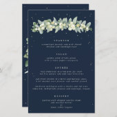 Navy Snowberry + Eucalyptus 4 gangen bruiloft Menu (Voorkant / Achterkant)