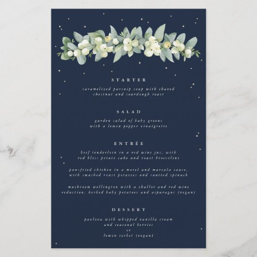 Navy Snowberry + Eucalyptus 4 gangen bruiloft Menu (Voorkant)