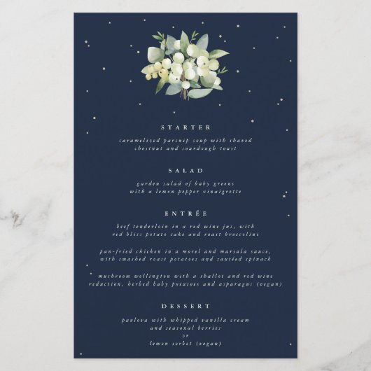 Navy Snowberry + Eucalyptus 4 gangen bruiloft Menu (Voorkant)