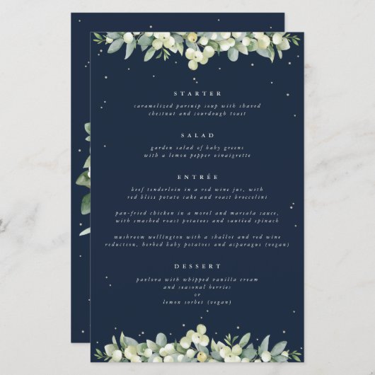 Navy Snowberry + Eucalyptus 4 gangen bruiloft Menu (Voorkant / Achterkant)