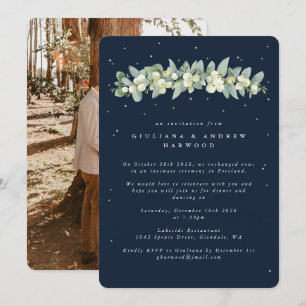 Navy Snowberry + Eucalyptus Bruiloft Receptie Foto Kaart