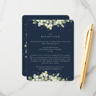 Navy Snowberry + Eucalyptus Edged bruiloft recepti Informatiekaartje