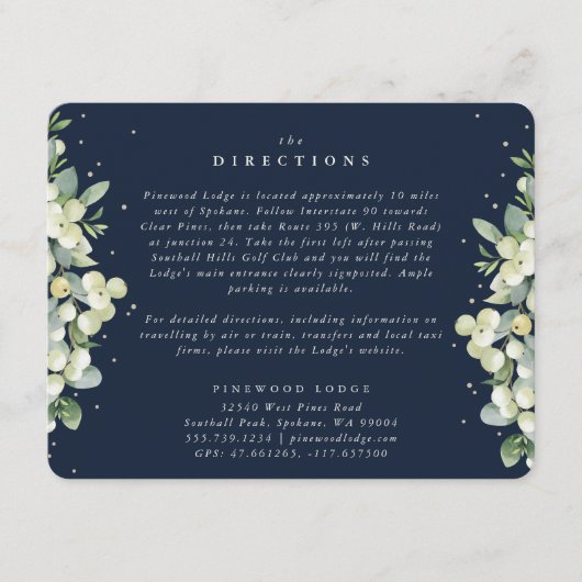 Navy Snowberry+Eucalyptus Edged Bruiloft Routebesc Informatiekaartje (Voorkant)