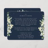 Navy Snowberry+Eucalyptus Edged Bruiloft Routebesc Informatiekaartje (Voorkant / Achterkant)
