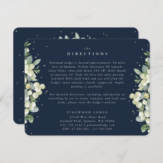 Navy Snowberry+Eucalyptus Edged Bruiloft Routebesc Informatiekaartje (Voorkant / Achterkant)