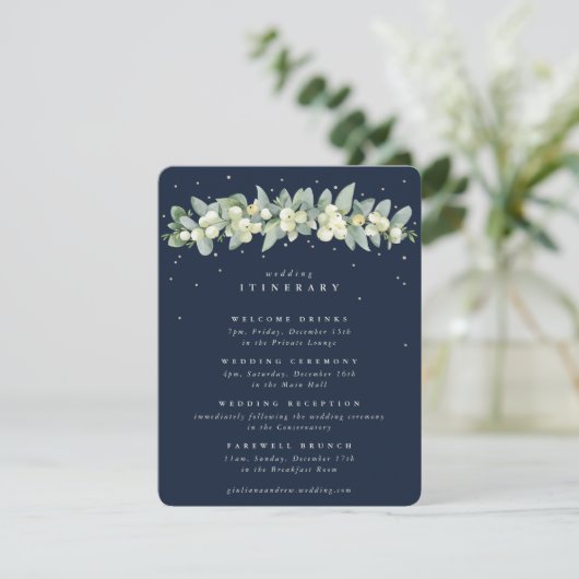 Navy Snowberry + Eucalyptus Garland bruiloft evene Informatiekaartje (Staand voorkant)