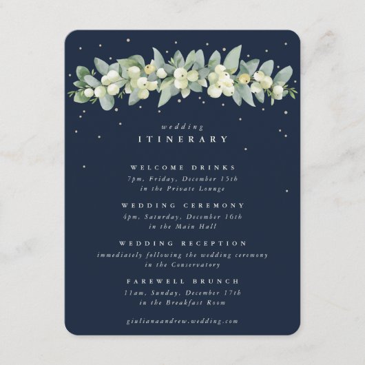 Navy Snowberry + Eucalyptus Garland bruiloft evene Informatiekaartje (Voorkant)