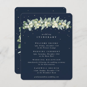 Navy Snowberry + Eucalyptus Garland bruiloft evene Informatiekaartje